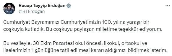 Cumhuriyet'in 100. Yıl Dönümünde Okullar Tatil Edildi! Pazartesi Günü Okul Var Mı?