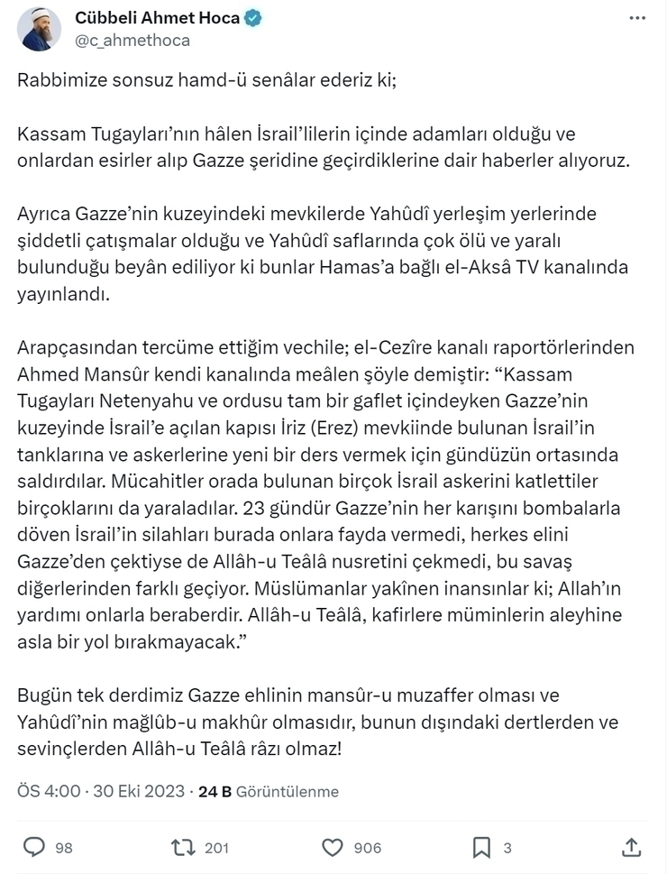 Cübbeli Ahmet Hoca, Hamas'ın Aldığı İsrail Esirleri İçin "Allaha Şükür" Dedi!