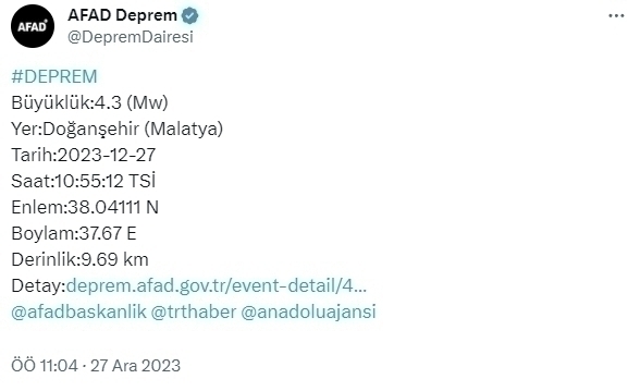 Malatya'nın Doğanşehir İlçesinde 4.3 Büyüklüğünde Deprem!