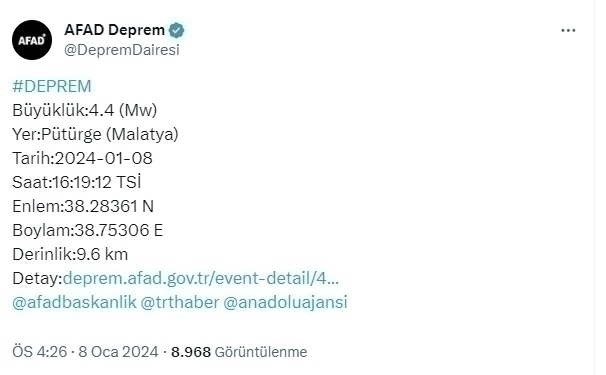 Malatya Pütürge'de 4.4 Büyüklüğünde Deprem Panik Yarattı