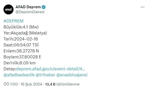 Malatya'da Deprem Oldu! Deprem 4.1 Şiddetinde 8 Km Derinlikte...