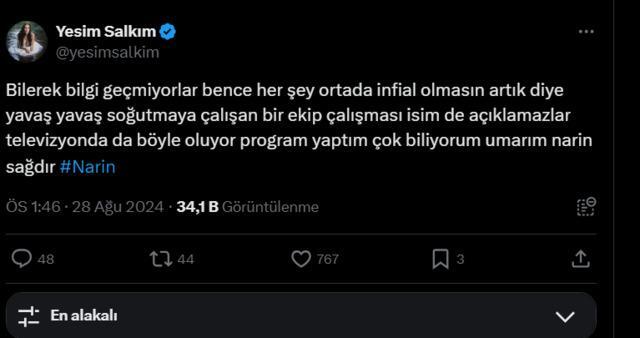 Yeşim Salkım Narin yorumu ile tepkileri üzerine çekti, kaybolan çocuğun arama çalışmaları devam ediyor