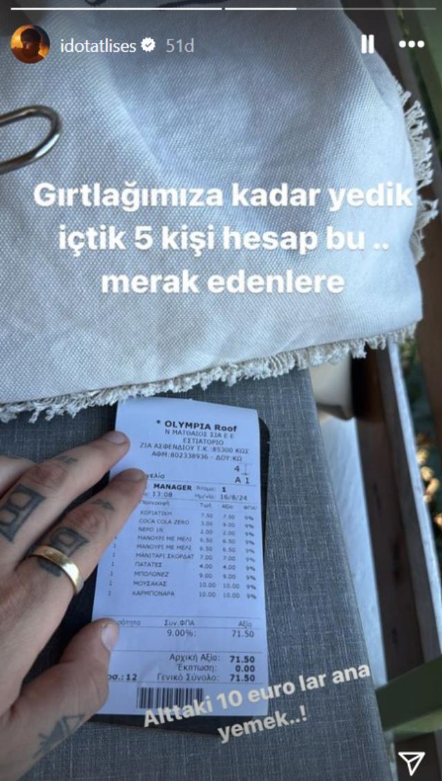 İdo Tatlıses ve Yasemin Şefkatli Yunanistan Tatilinde 71.50 Euro'luk Hesabı Paylaştı