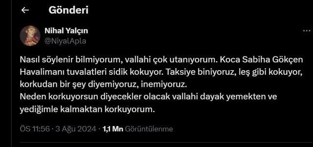 Nihal Yalçın'dan Sabiha Gökçen Havalimanı paylaşımı: Tuvaletlerin hijyen durumu gündem oldu!