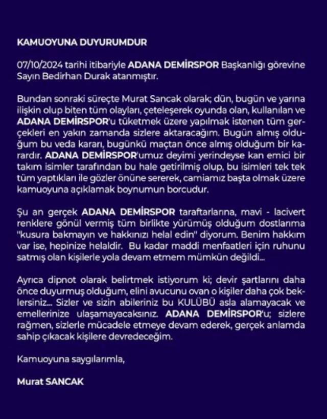 Adana Demirspor’da Başkan Murat Sancak Görevden Ayrıldı, Bedirhan Durak İle Yoluna Devam Ediyor