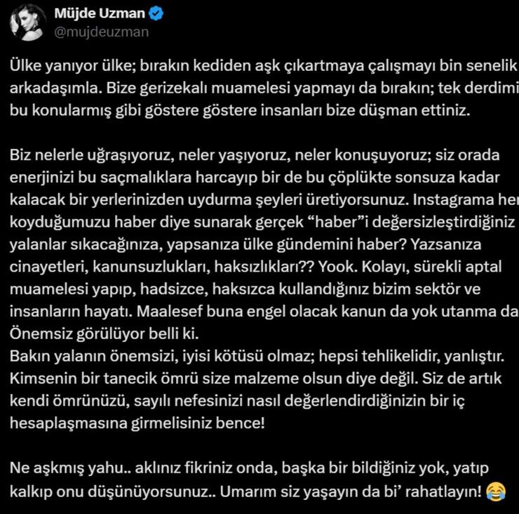 Müjde Uzman, Birand Tunca ile aşk iddialarına isyan etti: "Ülke yanıyor, gereksiz tartışmalar!"