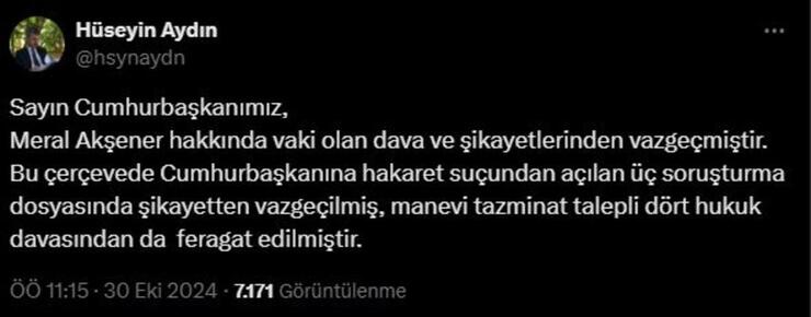 Cumhurbaşkanı Erdoğan, Meral Akşener'e açtığı davaları geri çektiği açıklandı