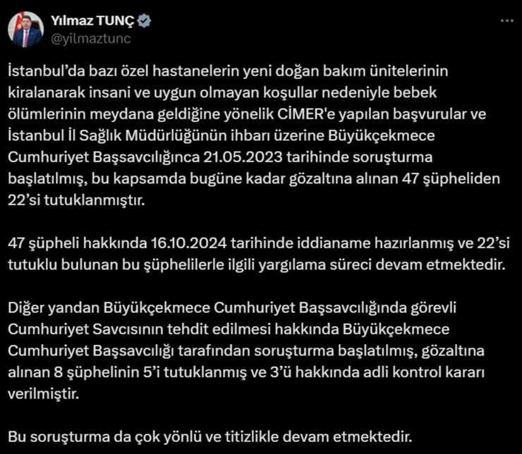 Yenidoğan Çetesi'nde 22 tutuklama: Bakan Tunç, 12 bebeğin ölümüne neden olunduğunu açıkladı