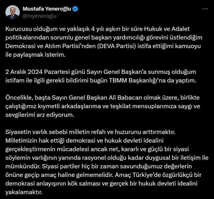 DEVA Partisi'nde istifa depremi! İstanbul Milletvekili Mustafa Yeneroğlu, neden ayrıldığını açıkladı