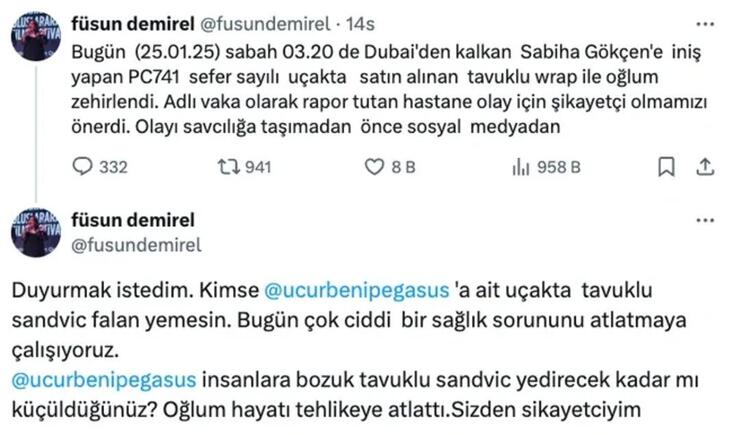 Uçakta yedikleriyle zehirlenen oğlu için Füsun Demirel isyan etti