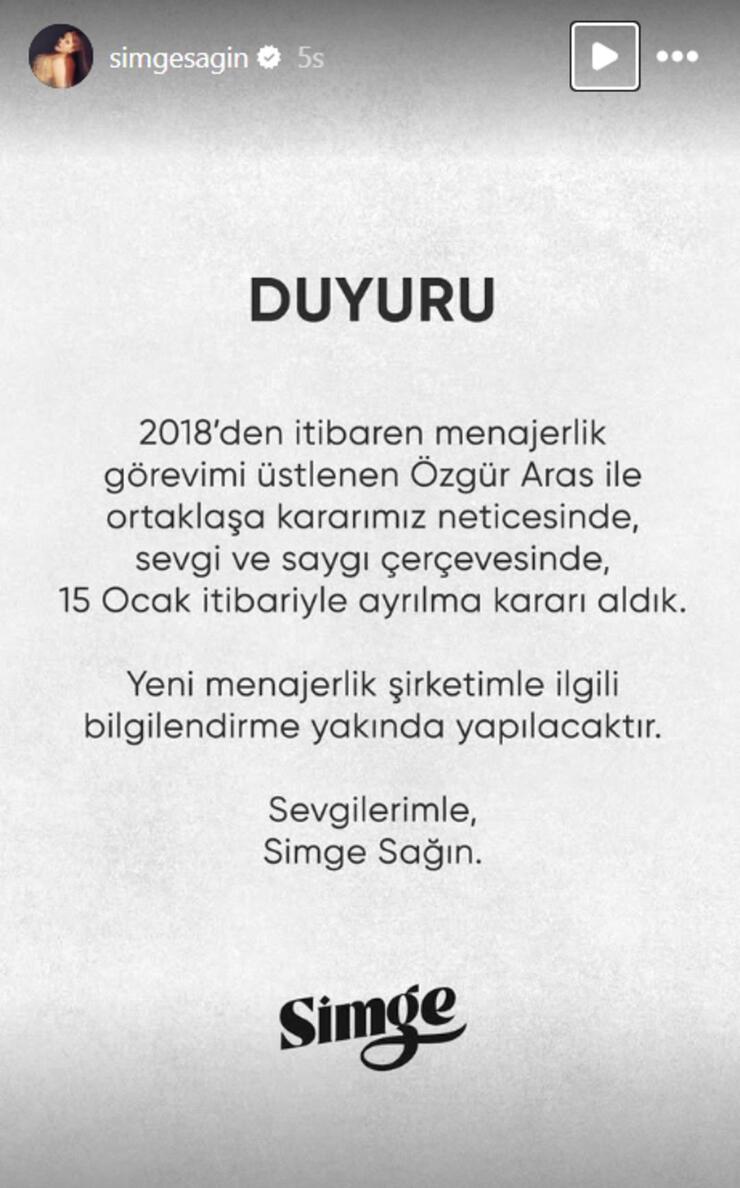 Simge Sağın 2018’den beri çalıştığı menajeriyle ayrıldığını sosyal medyada duyurdu!