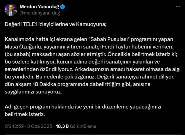 Ferdi Tayfur'un vefatının ardından Musa Özuğurlu'nun eleştirileri sosyal medyada tartışma yarattı